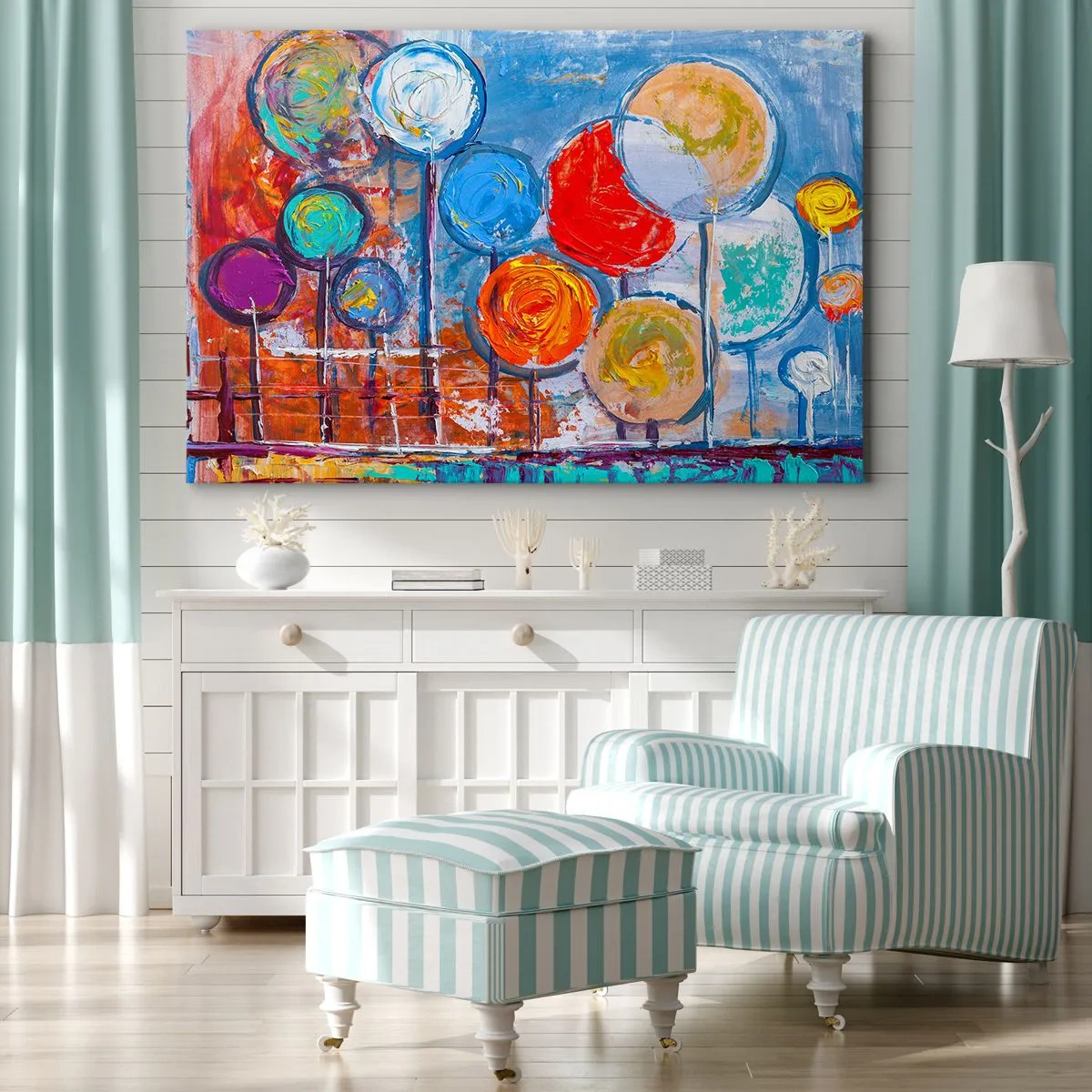 Impression sur toile - Image sur toile - Arbres abstraits colorés sur fond bleu - 70x50cm - Miracles sur le bâton - Décoration murale moderne pour le salon et la chambre ARTTOR