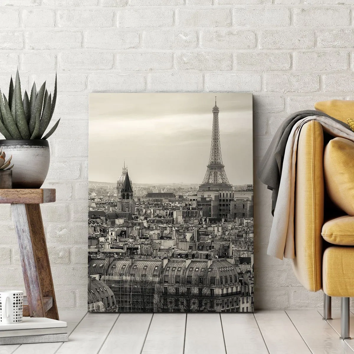 Impression sur toile - Image sur toile - Panorama de Paris avec la Tour Eiffel en tons sépia - 80x120cm - Sur les toits de Paris - Décoration murale moderne pour le salon et la chambre ARTTOR