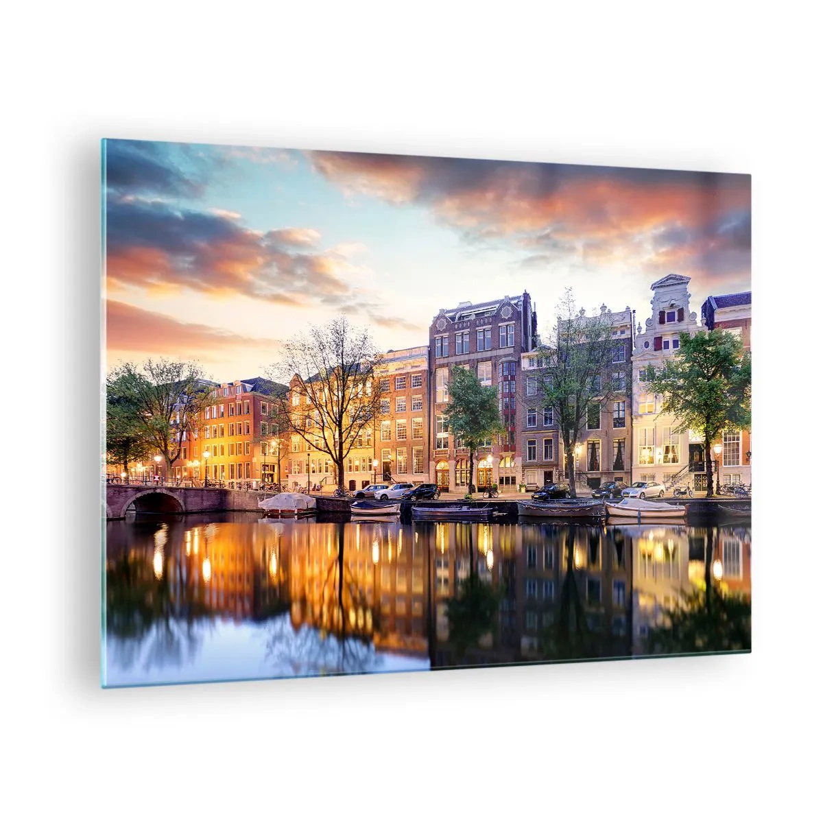 Impression sur verre - Image sur verre - Canal d'Amsterdam au coucher du soleil avec reflet dans l'eau - 70x50cm - Beauté hollandaise sobre et sereine - Décoration murale moderne pour le salon et la chambre ARTTOR