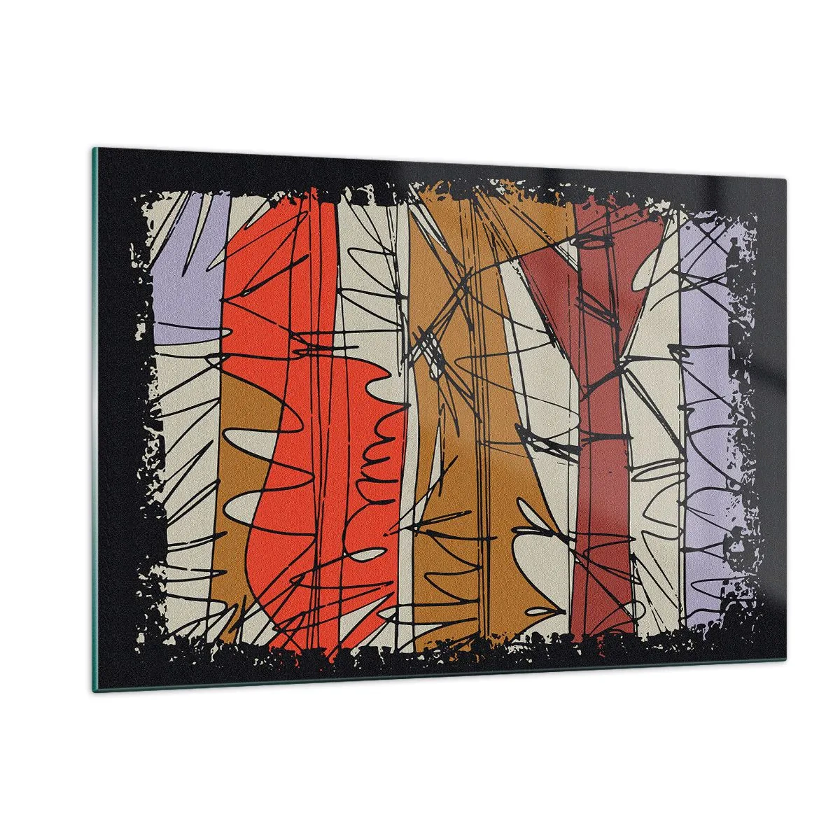Impression sur verre - Image sur verre - Abstraction graphique avec des rayures colorées et des lignes noires - 120x80cm - Composition spontanée - Décoration murale moderne pour le salon et la chambre ARTTOR