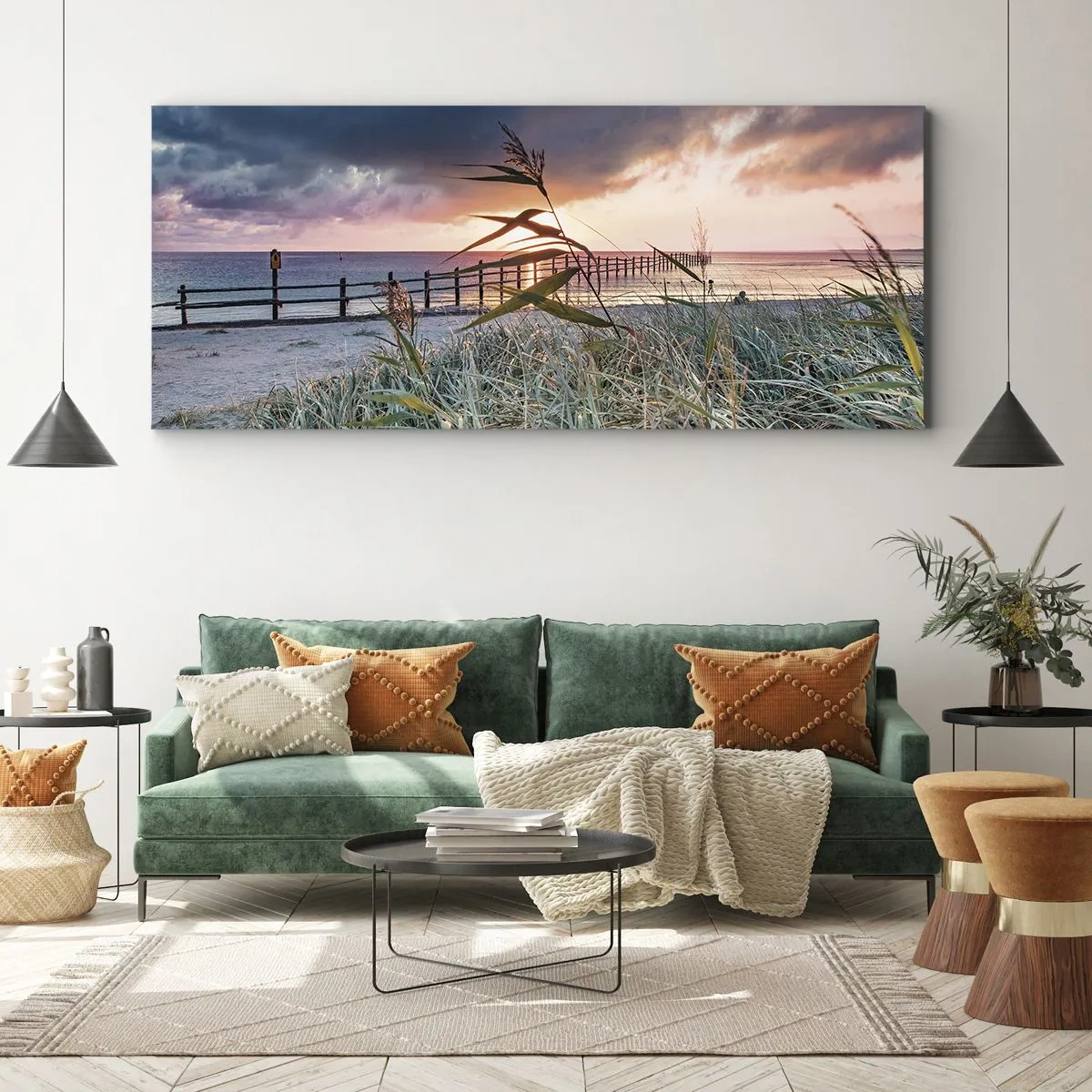 Impression sur toile - Image sur toile - Plage au coucher du soleil avec des herbes au premier plan - 140x50cm - Ça ne passe pas avec le vent - Décoration murale moderne pour le salon et la chambre ARTTOR