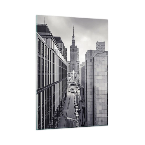 Impression sur verre - Image sur verre - Vue de la ville en noir et blanc avec des gratte-ciel et une rue - 50x70cm - Vallée de Varsovie - Décoration murale moderne pour le salon et la chambre ARTTOR