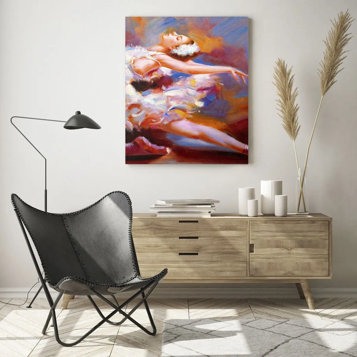 Impression sur verre - Image sur verre - Une ballerine dans une pose dynamique sur un fond de couleurs abstraites. - 50x70cm - La grâce du cygne - Décoration murale moderne pour le salon et la chambre ARTTOR