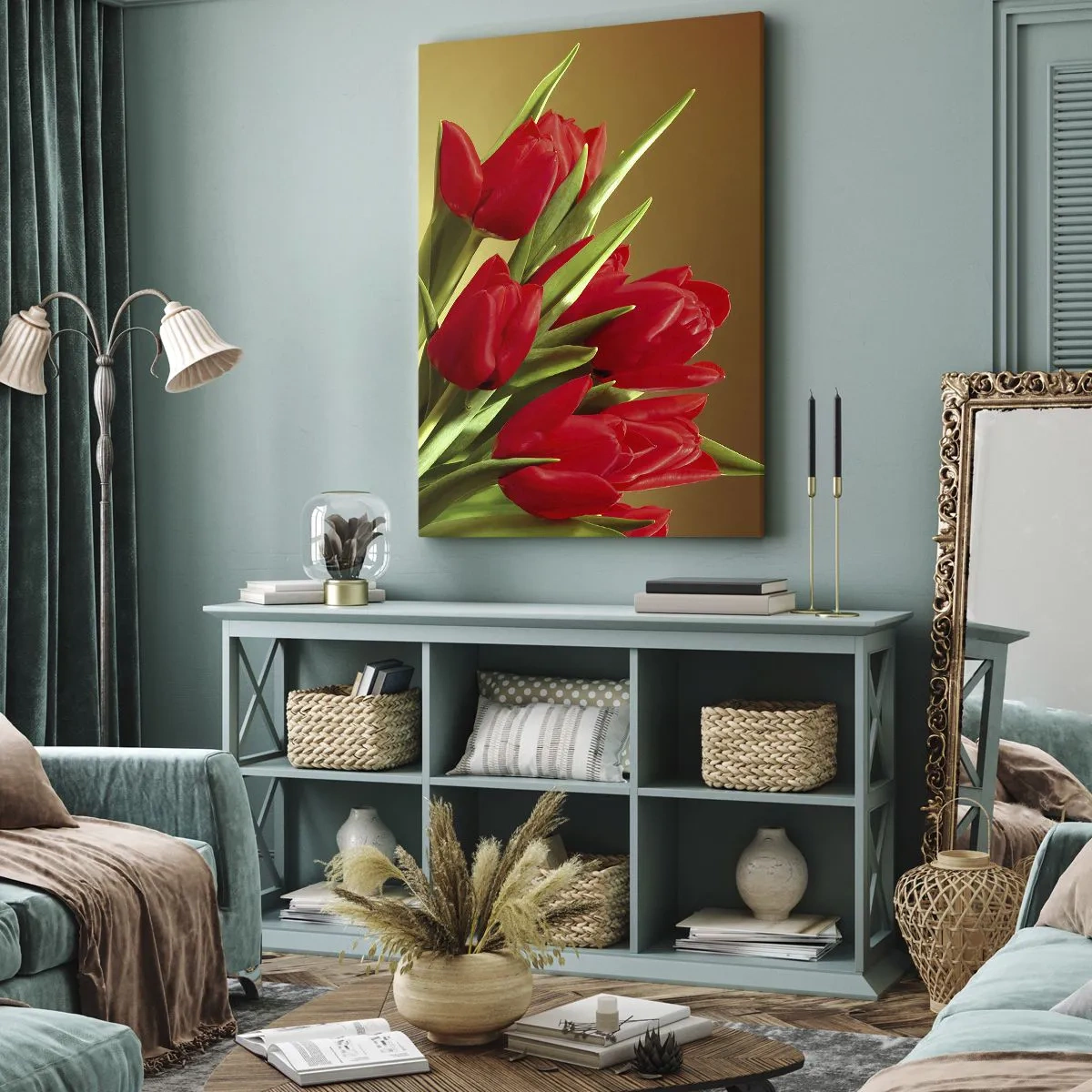 Impression sur toile - Image sur toile - Un bouquet de tulipes rouges sur fond doré avec des feuilles vertes. - 70x100cm - Amas de joie printanière - Décoration murale moderne pour le salon et la chambre ARTTOR
