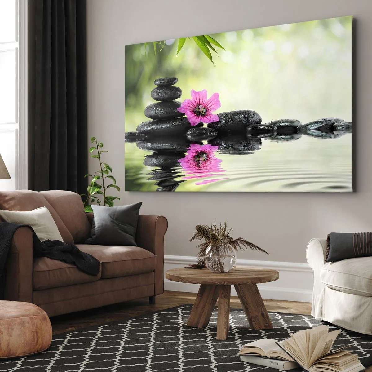 Impression sur toile - Image sur toile - Des pierres zen et une fleur rose se reflétant dans l'eau - 70x50cm - Temps pour l'âme - Décoration murale moderne pour le salon et la chambre ARTTOR
