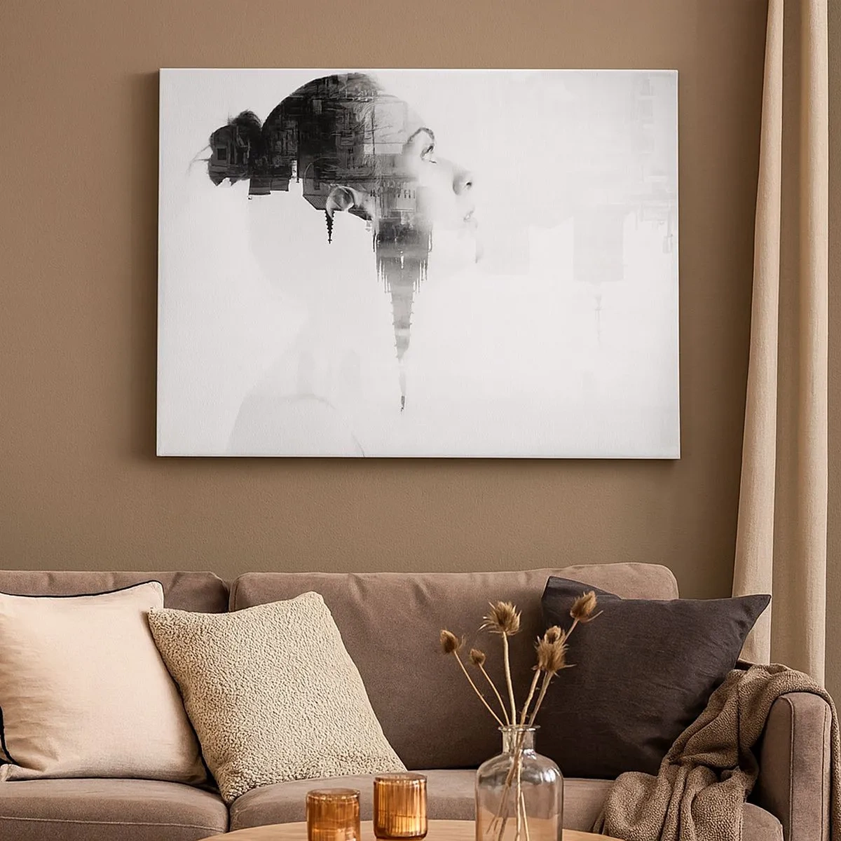 Impression sur toile - Image sur toile - Portrait d'une femme avec le contour d'une ville en arrière-plan, couleurs noir et blanc - 70x50cm - Des deux côtés du verre - Décoration murale moderne pour le salon et la chambre ARTTOR