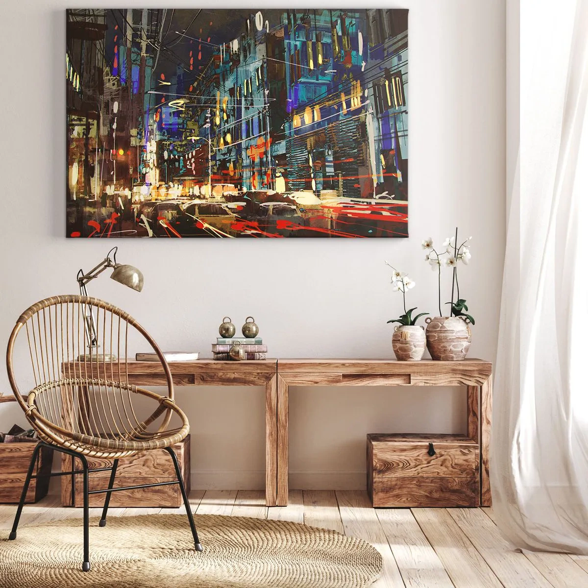 Impression sur toile - Image sur toile - Scène nocturne de la ville avec des néons - 70x50cm - L'agitation de la rue en soirée - Décoration murale moderne pour le salon et la chambre ARTTOR