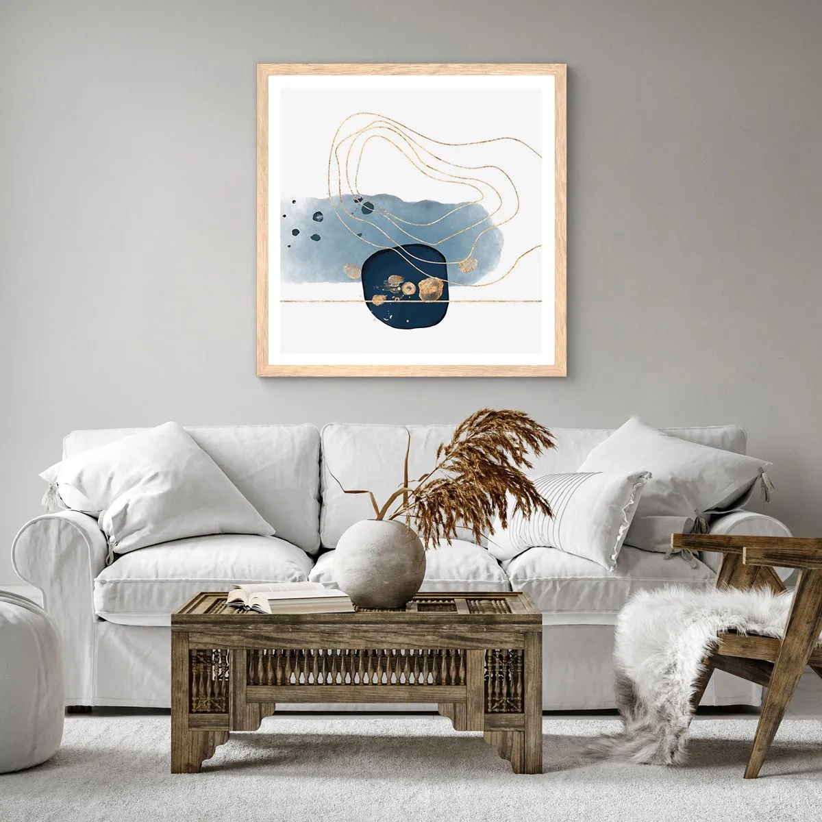 Affiche dans un chêne clair - Poster - Fantaisie bleu et or - 30x30 cm