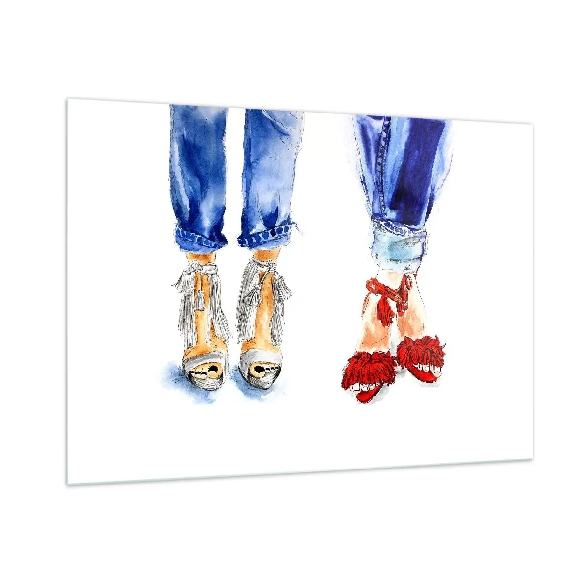 Impression sur verre - Image sur verre - Deux chaussures élégantes sur fond de jeans - 100x70cm - Peut-être irons-nous nous promener? - Décoration murale moderne pour le salon et la chambre ARTTOR