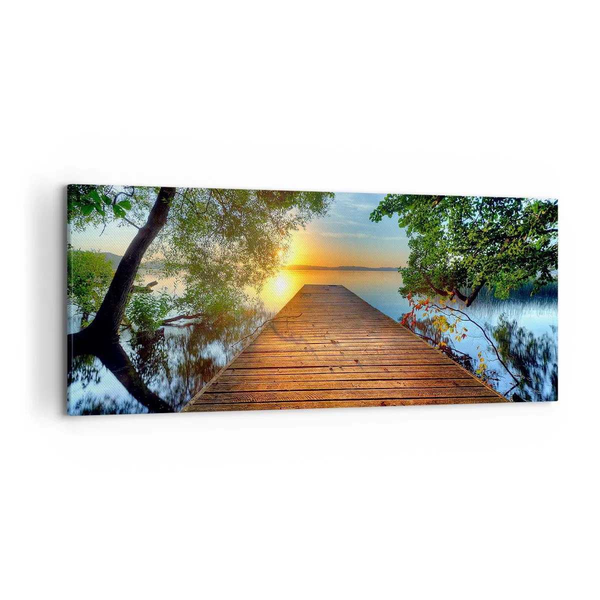 Impression sur toile - Image sur toile - Une jetée en bois entourée de verdure au coucher du soleil - 120x50cm - Prenez votre temps, asseyez-vous - Décoration murale moderne pour le salon et la chambre ARTTOR