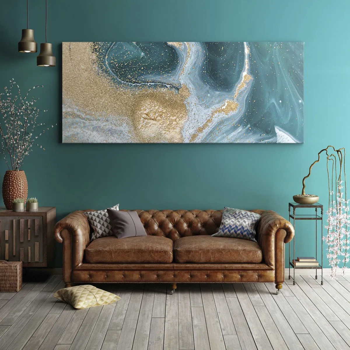 Impression sur toile - Image sur toile - Tourbillon abstrait dans les tons turquoise et or - 120x50cm - Tourbillon d'or et de turquoise - Décoration murale moderne pour le salon et la chambre ARTTOR