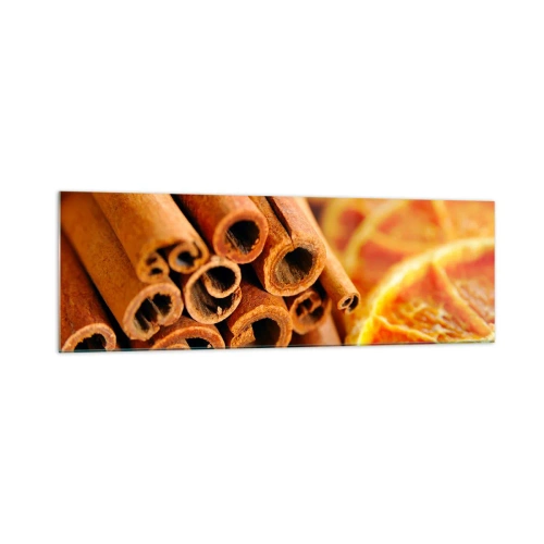 Impression sur verre - Image sur verre - Bâtons de cannelle avec des tranches d'orange séchées aux couleurs chaudes - 160x50cm - Sentez-vous leurs odeurs? - Décoration murale moderne pour le salon et la chambre ARTTOR
