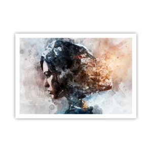 Affiche - Poster - Portrait d'une femme combinant son visage avec un paysage urbain en arrière-plan - 100x70cm - L'histoire d'une fille avec une ville en arrière-plan - Décoration murale moderne pour le salon et la chambre ARTTOR