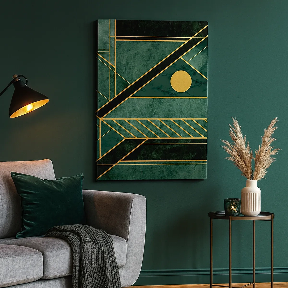Impression sur toile - Image sur toile - Design géométrique vert et or avec un motif élégant - 50x70cm - Dynamique or et azur - Décoration murale moderne pour le salon et la chambre ARTTOR