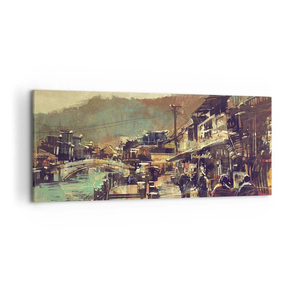 Impression sur toile - Image sur toile - Une ville avec un pont et des rues au style artistique - 120x50cm - La vie comme une richesse de gris - Décoration murale moderne pour le salon et la chambre ARTTOR