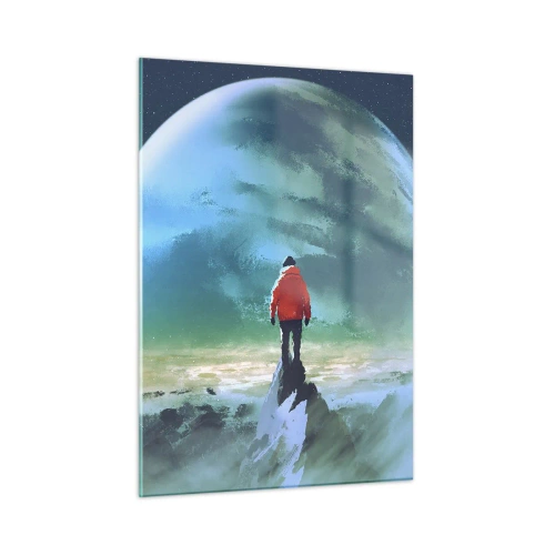 Impression sur verre - Image sur verre - Une silhouette vêtue d'une veste rouge sur fond d'une immense planète et d'étoiles - 50x70cm - Explorateur de la nouvelle terre - Décoration murale moderne pour le salon et la chambre ARTTOR