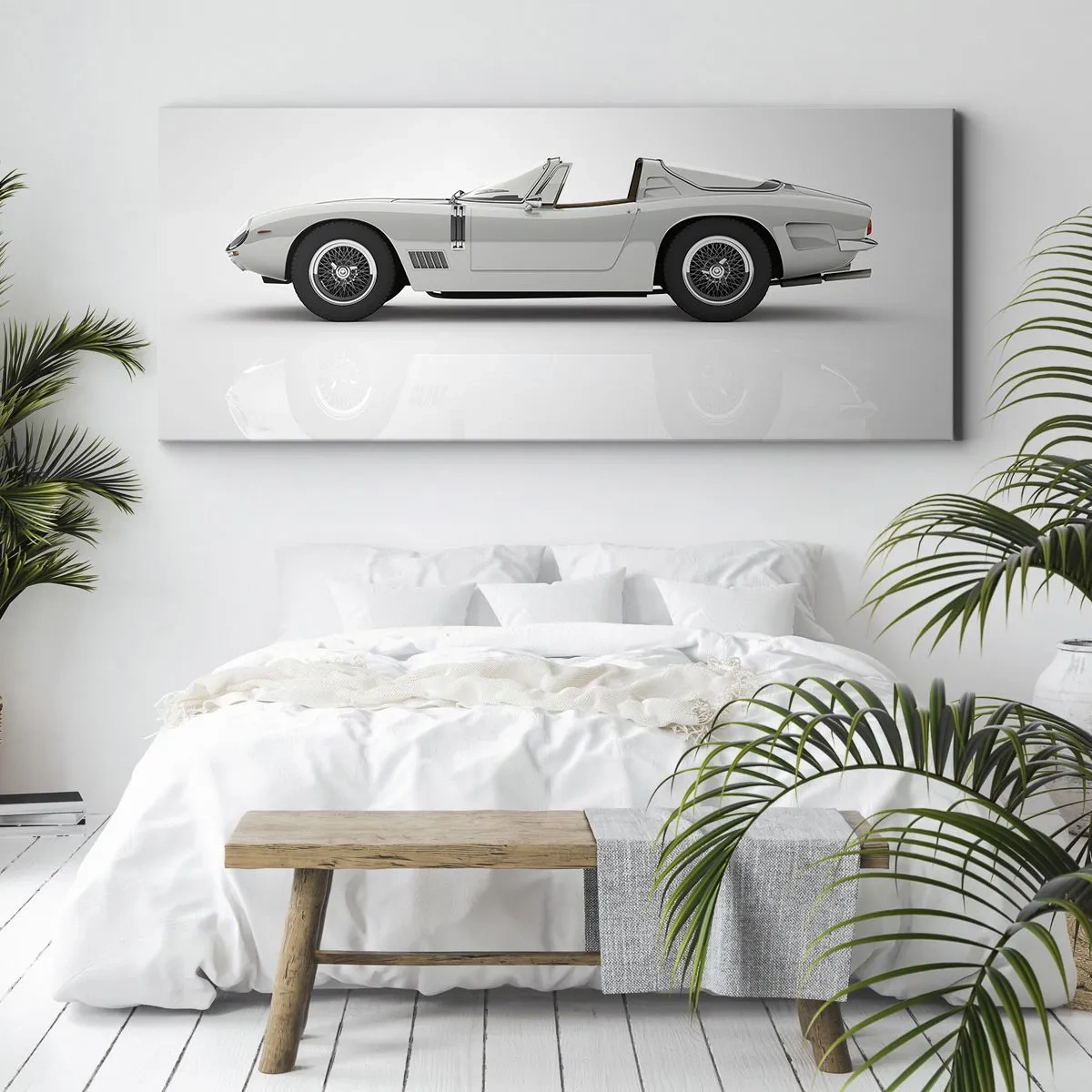 Impression sur toile - Image sur toile - Cabriolet blanc classique sur fond clair - 120x50cm - Promesse de plaisir - Décoration murale moderne pour le salon et la chambre ARTTOR