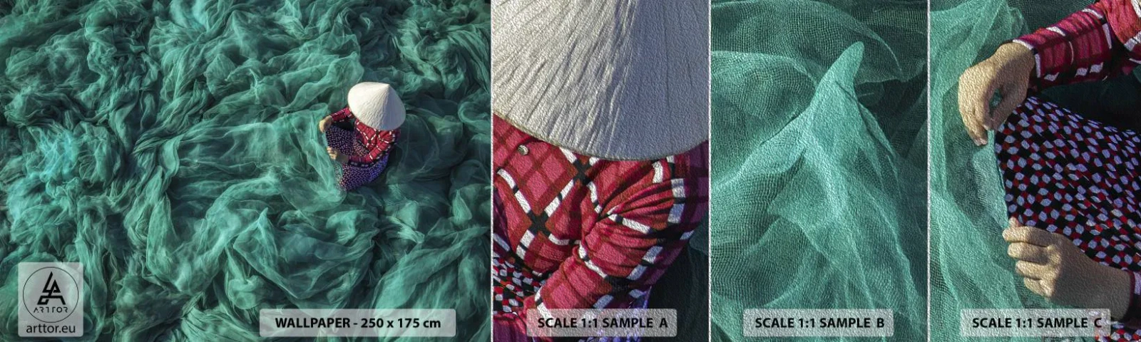 Échantillon de Papier Peint Premium Sand - Dans une mer de filet - Filet de pêche, Femme, Viêt Nam - 100x30 cm