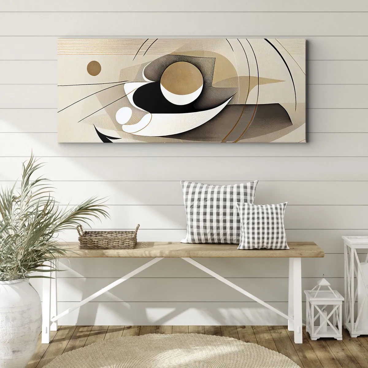Impression sur toile - Image sur toile - Composition abstraite dans les tons beige et noir - 140x50cm - Composition : l'essence des choses - Décoration murale moderne pour le salon et la chambre ARTTOR