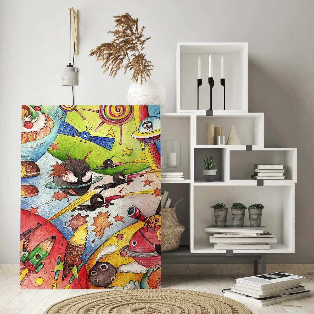 Impression sur verre - Image sur verre - Une illustration colorée d'une aventure spatiale pour les enfants - 50x70cm - Grande aventure spatiale - Décoration murale moderne pour le salon et la chambre ARTTOR