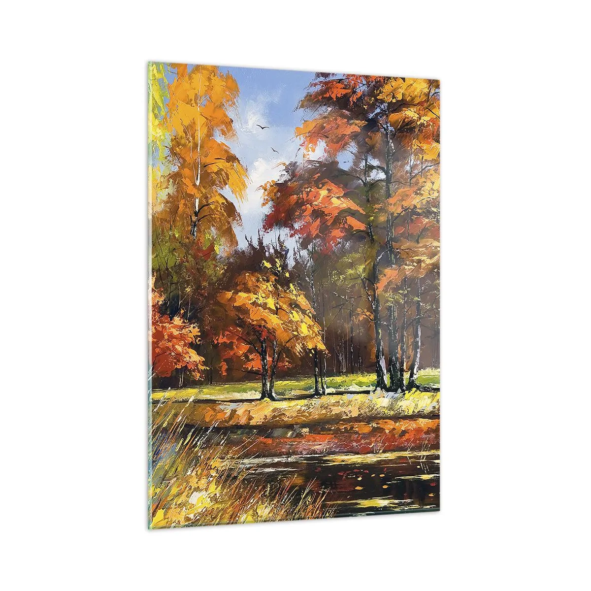 Impression sur verre - Image sur verre - Paysage d'automne avec arbres et reflet dans l'eau - 50x70cm - Paysage en or et bronze - Décoration murale moderne pour le salon et la chambre ARTTOR