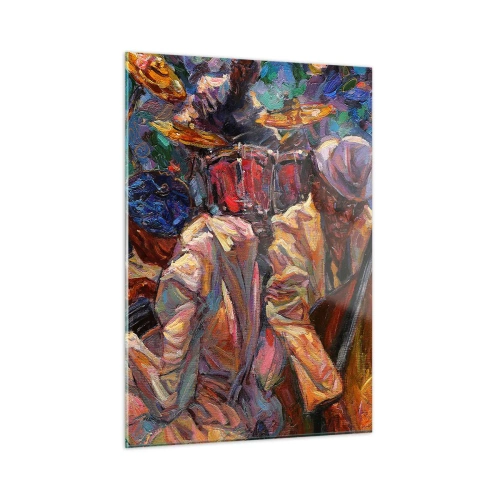 Impression sur verre - Image sur verre - Une scène de jazz colorée avec des musiciens et des instruments - 50x70cm - Dans le même tempo - Décoration murale moderne pour le salon et la chambre ARTTOR