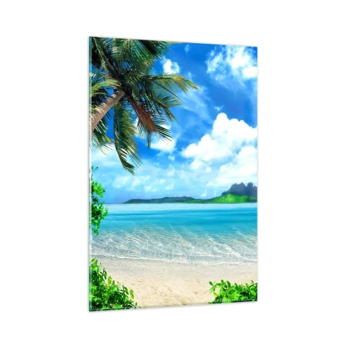 Impression sur verre - Image sur verre - Plage tropicale avec palmiers et vue sur l'île - 80x120cm - L'azur des tropiques - Décoration murale moderne pour le salon et la chambre ARTTOR