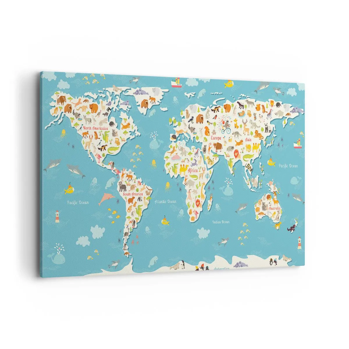 Impression sur toile - Image sur toile - Carte du monde colorée avec des illustrations d'animaux - 120x80cm - Nous aimons le monde entier - Décoration murale moderne pour le salon et la chambre ARTTOR