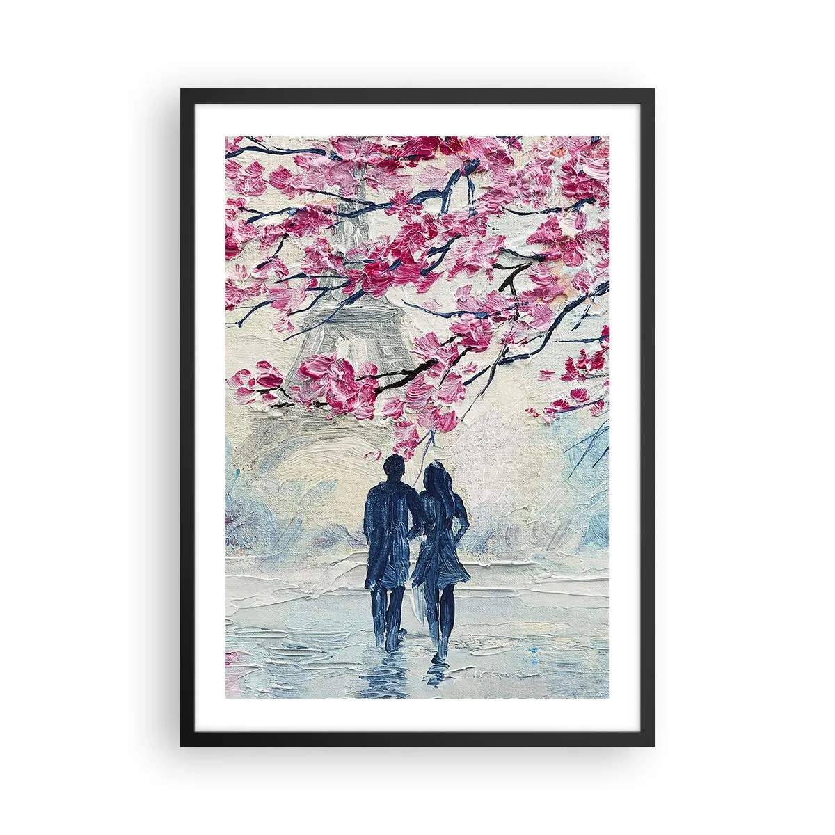Affiche dans un cadre noir - Poster - Un couple sous des branches fleuries dans un paysage romantique - 50x70cm - Ballade romantique - Décoration murale moderne pour le salon et la chambre ARTTOR