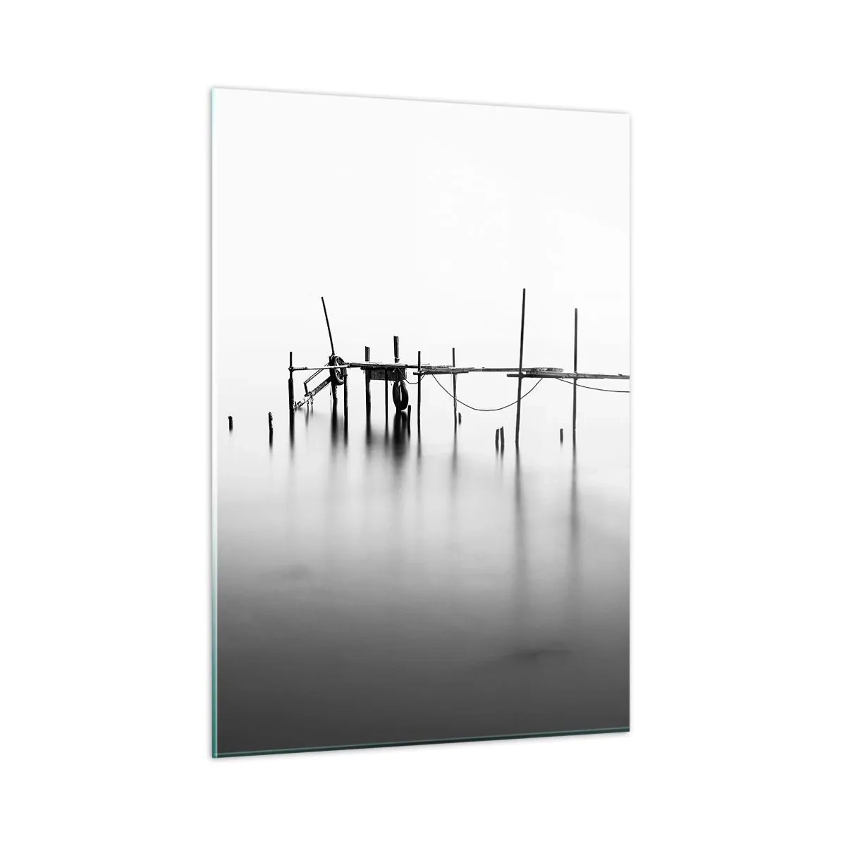 Impression sur verre - Image sur verre - Une jetée noire et blanche sur une surface d'eau calme - 50x70cm - Et s'il n'y avait pas de monde ? - Décoration murale moderne pour le salon et la chambre ARTTOR