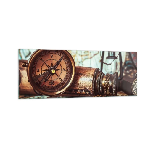 Impression sur verre - Image sur verre - Un ensemble rétro avec une boussole, un télescope et une carte sur le thème du voyage - 140x50cm - Une aventure de pirates dans les Caraïbes vous attend - Décoration murale moderne pour le salon et la chambre ARTTO