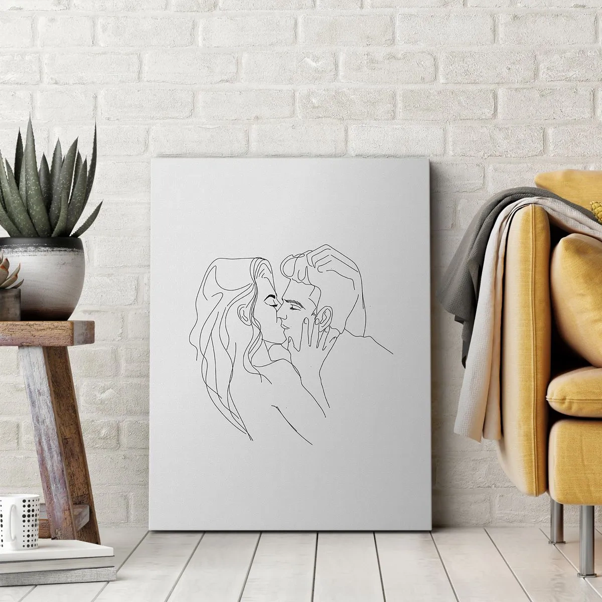 Impression sur toile - Image sur toile - Le contour d'un couple s'embrassant sur un fond clair - 70x100cm - La même ligne - Décoration murale moderne pour le salon et la chambre ARTTOR