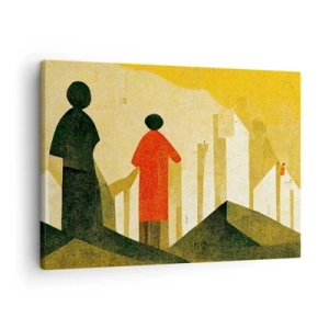 Impression sur toile - Image sur toile - Silhouettes géométriques en rouge et vert sur fond jaune - 70x50cm - La route est encore longue - Décoration murale moderne pour le salon et la chambre ARTTOR