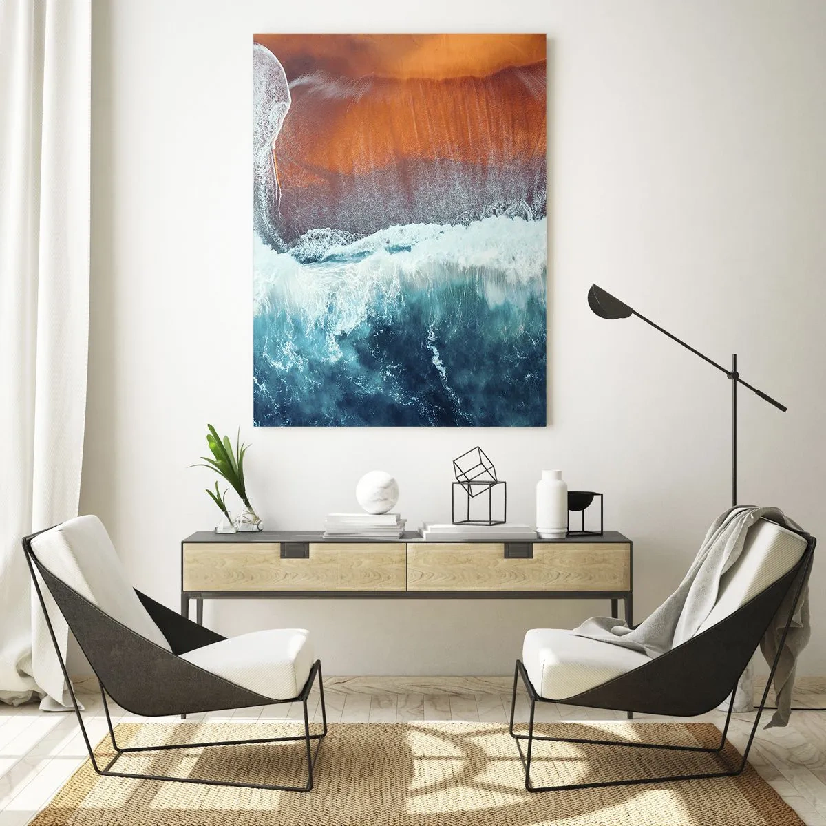 Impression sur verre - Image sur verre - Une vue des vagues de l'océan s'écrasant sur la plage dorée - 70x100cm - Caresse de l'océan - Décoration murale moderne pour le salon et la chambre ARTTOR