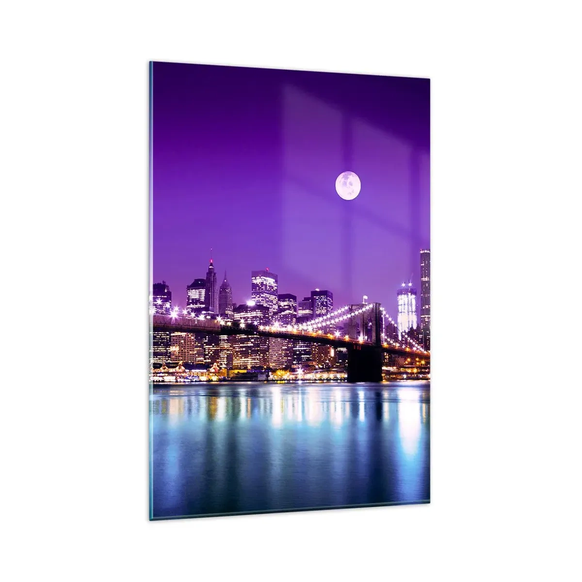Impression sur verre - Image sur verre - Pont de Brooklyn la nuit avec la ville illuminée et la pleine lune - 80x120cm - Lumières de grande ville en violet - Décoration murale moderne pour le salon et la chambre ARTTOR