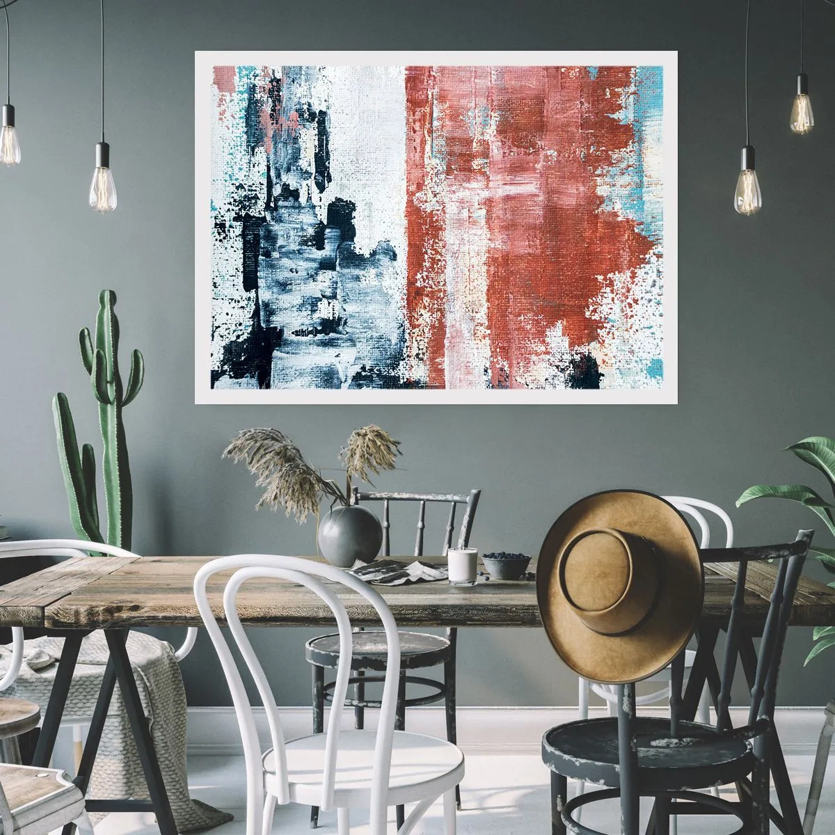 Affiche - Poster - Abstraction aux couleurs blanc, bleu et brique - 100x70cm - Moitié-moitié abstrait - Décoration murale moderne pour le salon et la chambre ARTTOR