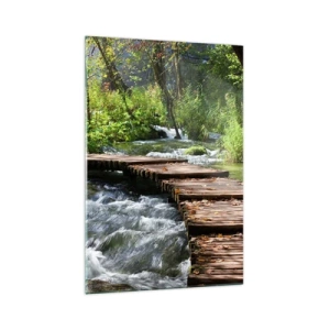 Impression sur verre - Image sur verre - Un pont en bois sur un ruisseau tumultueux entouré par la verdure de la forêt. - 70x100cm - Au-dessus de la cascade mousseuse - Décoration murale moderne pour le salon et la chambre ARTTOR