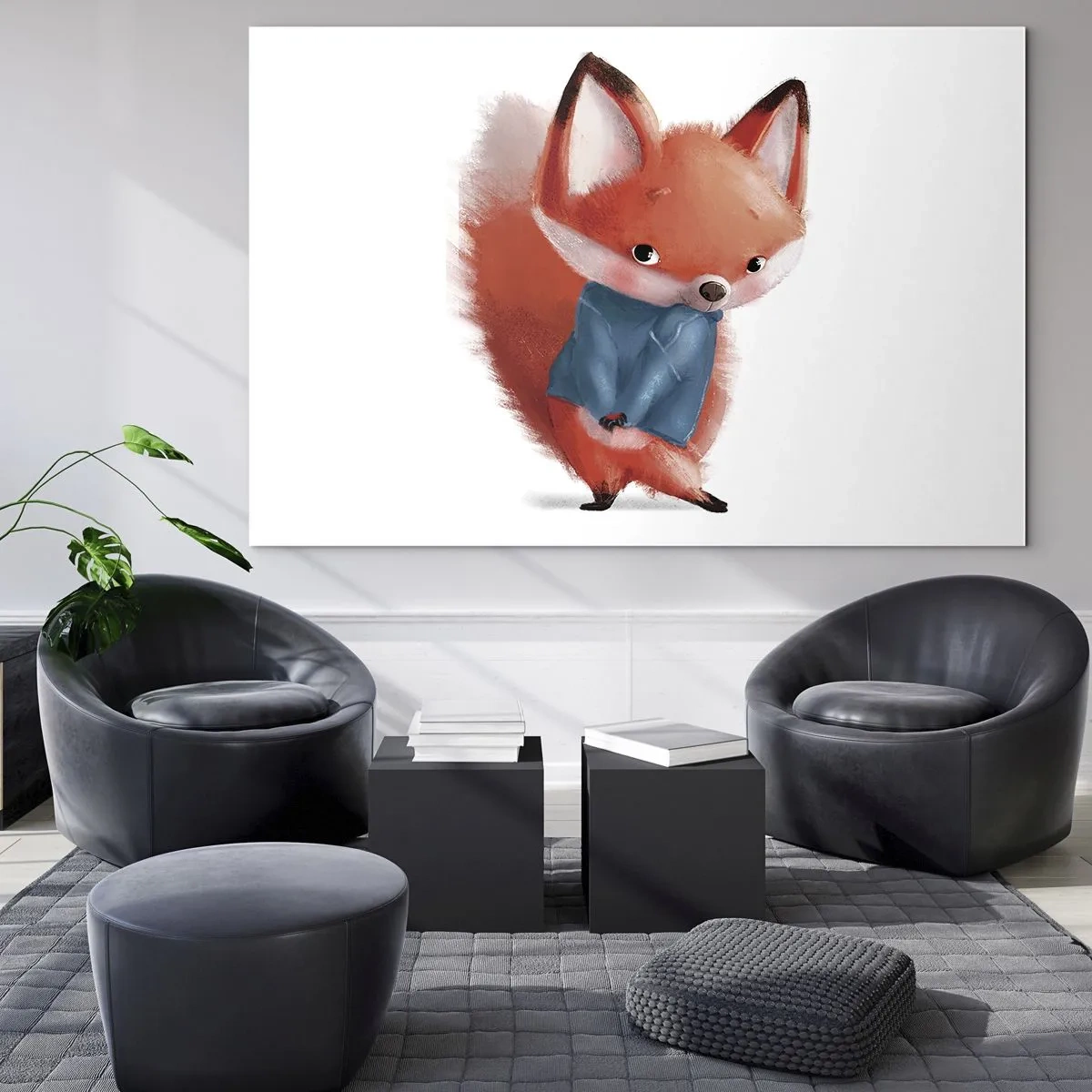 Impression sur verre - Image sur verre - Un renard mignon dans un pull bleu sur fond blanc - 120x80cm - Est-ce que ça me va? - Décoration murale moderne pour le salon et la chambre ARTTOR