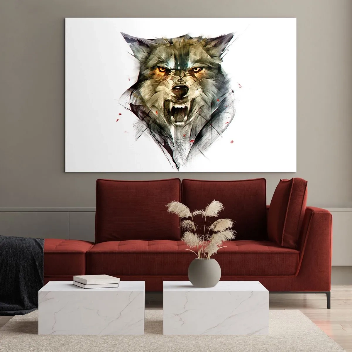 Impression sur verre - Image sur verre - Un graphique d'un loup menaçant avec une bouche ouverte et un regard intense - 120x80cm - Pas un pas ! - Décoration murale moderne pour le salon et la chambre ARTTOR