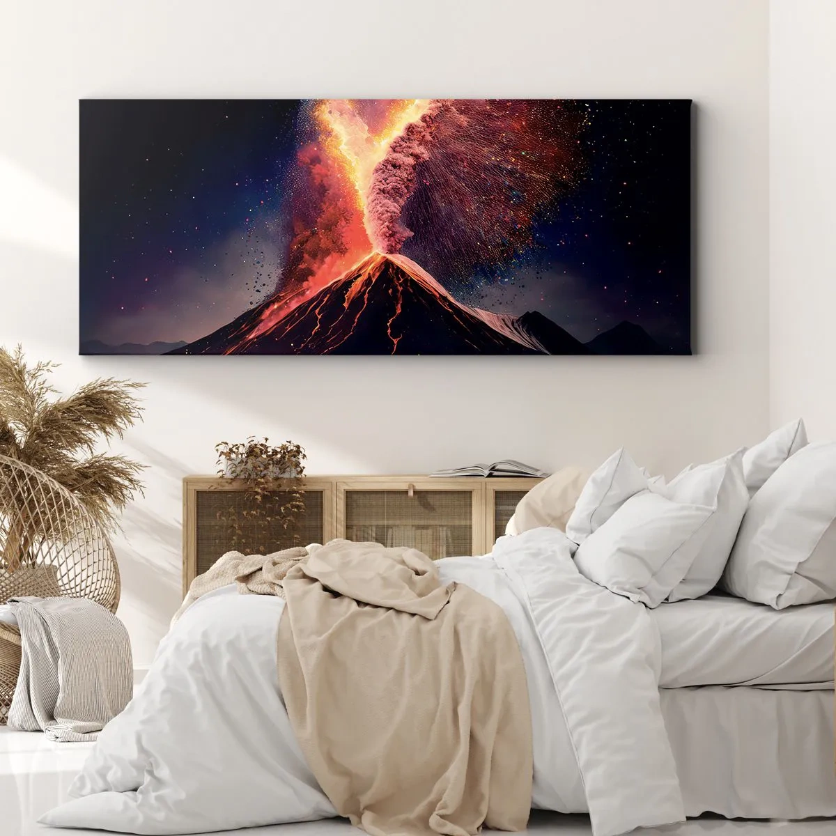 Impression sur toile - Image sur toile - Une éruption volcanique unique la nuit avec des couleurs dynamiques. - 120x50cm - Beauté et horreur - Décoration murale moderne pour le salon et la chambre ARTTOR