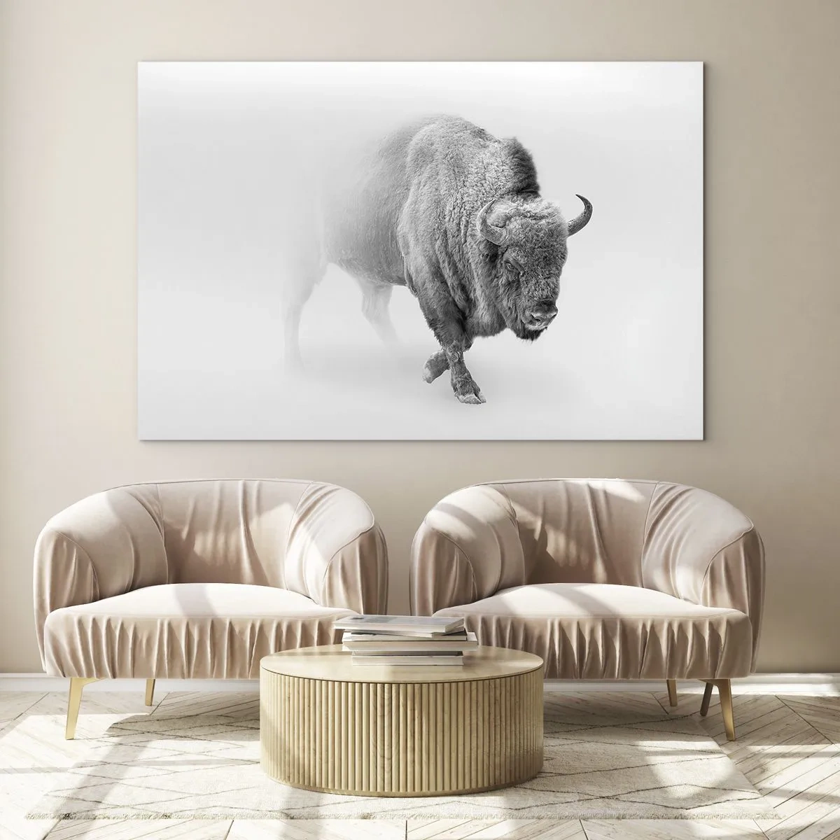 Impression sur verre - Image sur verre - Illustration en noir et blanc d'un bison majestueux - 70x50cm - Roi de la prairie - Décoration murale moderne pour le salon et la chambre ARTTOR