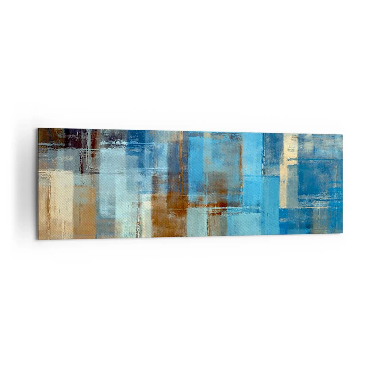 Impression sur toile - Image sur toile - Composition géométrique abstraite dans les tons de bleu et de marron - 160x50cm - A travers le voile bleu - Décoration murale moderne pour le salon et la chambre ARTTOR