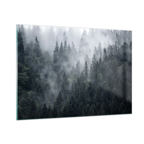 Impression sur verre - Image sur verre - Brouillard suspendu au-dessus de la dense forêt de conifères le matin - 100x70cm - Aube de la forêt - Décoration murale moderne pour le salon et la chambre ARTTOR