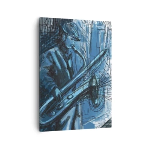 Impression sur toile - Image sur toile - Une silhouette jouant du saxophone sur fond de ville - 50x70cm - Rhapsodie urbaine - Décoration murale moderne pour le salon et la chambre ARTTOR