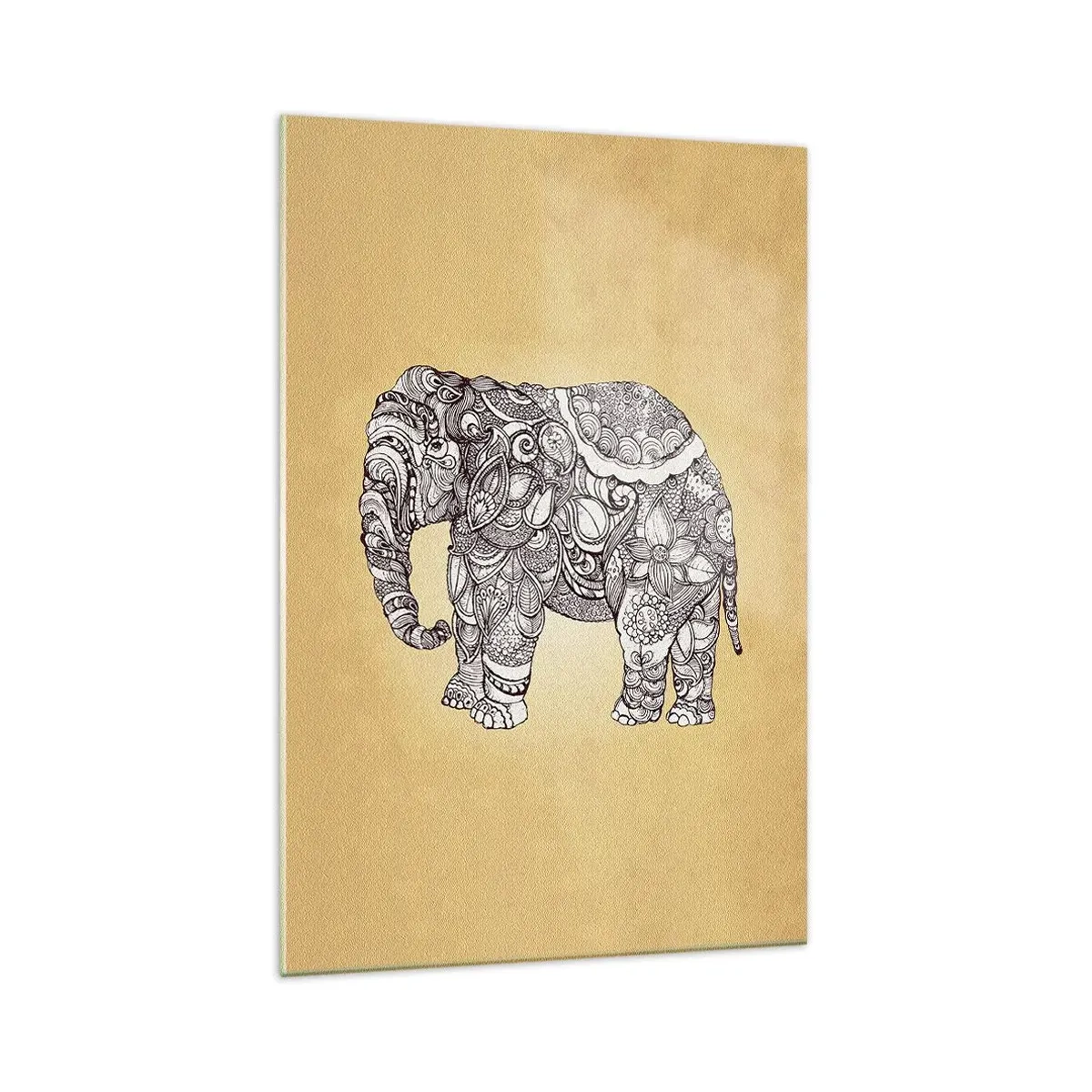 Impression sur verre - Image sur verre - Éléphant dessiné à la main avec un motif orné sur un fond beige - 70x100cm - L'éléphant s'est apprêté - Décoration murale moderne pour le salon et la chambre ARTTOR