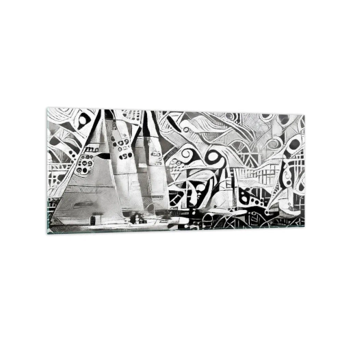 Impression sur verre - Image sur verre - Voiliers abstraits dans une composition monochrome - 120x50cm - Entre les vagues - Décoration murale moderne pour le salon et la chambre ARTTOR