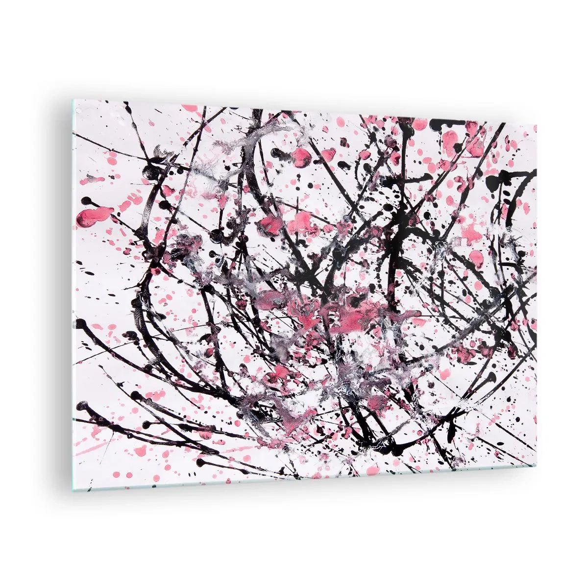 Impression sur verre - Image sur verre - Lignes abstraites dynamiques et taches roses sur fond blanc - 70x50cm - La nature éphémère de la vie - Décoration murale moderne pour le salon et la chambre ARTTOR