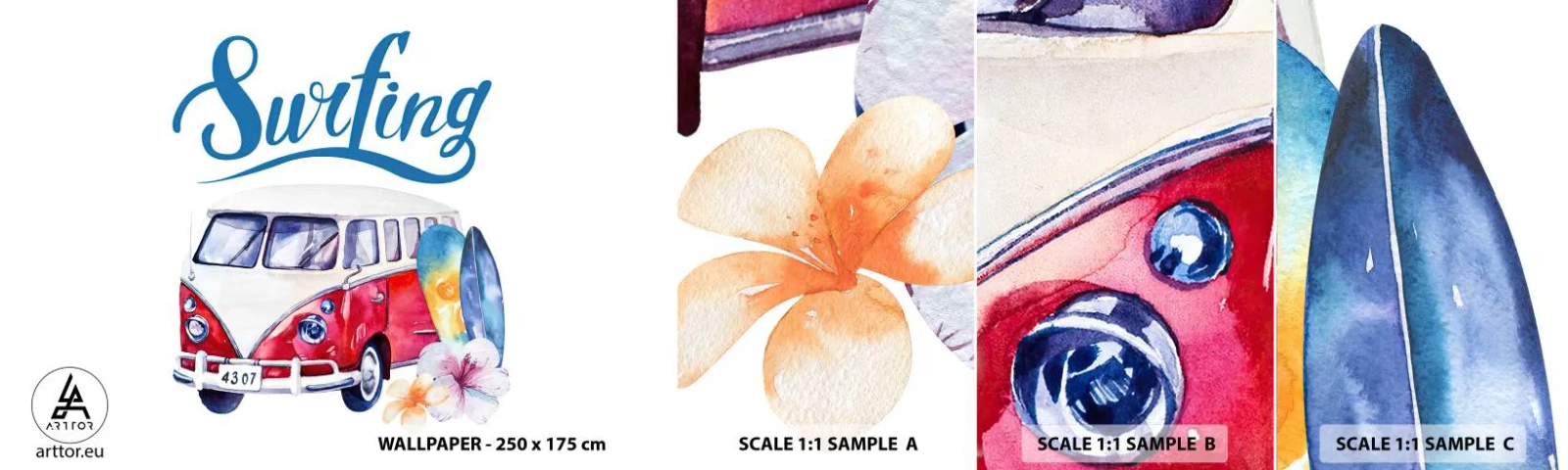 Échantillon De Papier Peint Standard Eco - Concombre - un classique pour un surfeur - Autobus d'époque, Voyages, Planche de surf - 100x30 cm