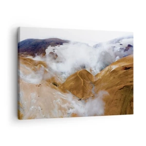Impression sur toile - Image sur toile - Un paysage de montagne avec de la vapeur dans un climat rigoureux - 70x50cm - Le charme brut de l'Islande - Décoration murale moderne pour le salon et la chambre ARTTOR