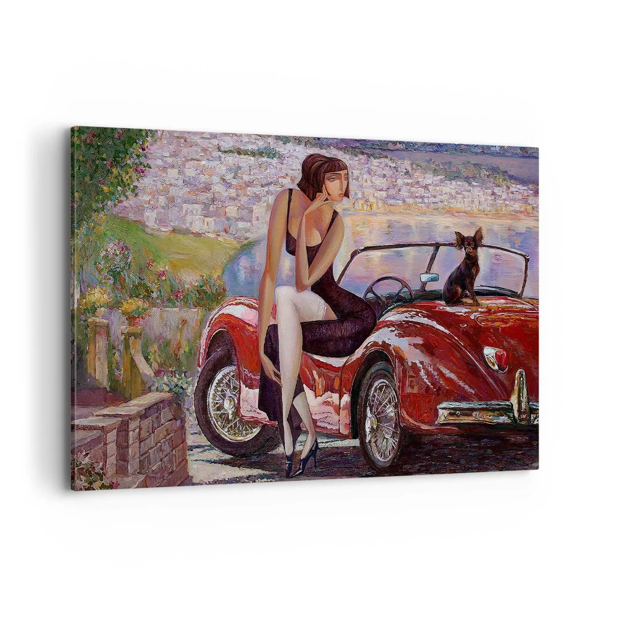 Impression sur toile - Image sur toile - Une femme près d'une voiture rouge avec une ville en arrière-plan - 120x80cm - L'été? Uniquement sur la Côte d'Azur - Décoration murale moderne pour le salon et la chambre ARTTOR